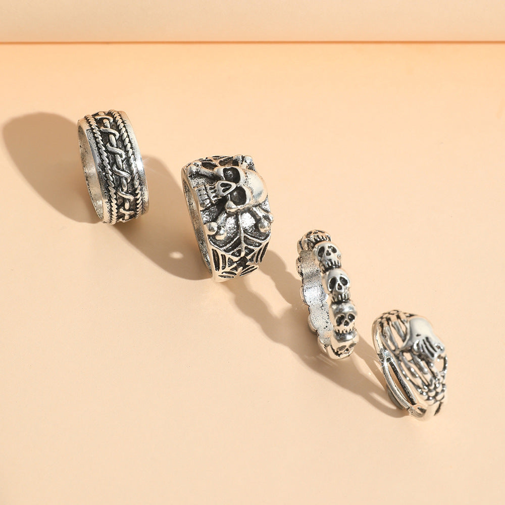 Wholesale Men's Punk Exaggerated Gothic Style Little Devil Skull Heart Ring 4-piece Set